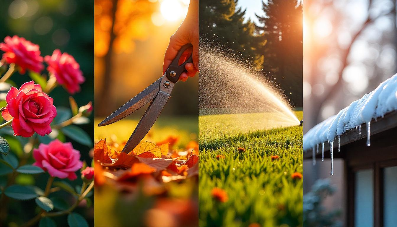 a collage of four different images representing seasonal maintenance in Athens, GA